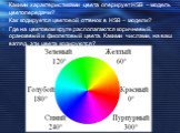 Какими характеристиками цвета оперирует HSB – модель цветопередачи? Как кодируется цветовой оттенок в HSB – модели? Где на цветовом круге располагаются коричневый, оранжевый и фиолетовый цвета. Какими числами, на ваш взгляд, эти цвета кодируются?