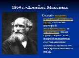 1864 г.-Джеймс Максвелл. Создаёт теорию электромагнитного поля, согласно которой электрическое и магнитное поля существуют как взаимосвязанные составляющие единого целого — электромагнитного поля.