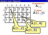 Двумерный массив. Определение 4. 1 2 3 4 5 6 1 2 3 В математике: В Pascal: Ai;j A[i,j] A[2,4] A[1,2] A[3,5]