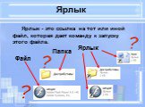 Ярлык. Ярлык - это ссылка на тот или иной файл, которая дает команду к запуску этого файла. Папка Файл