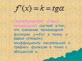 Геометрический смысл производной состоит в том, что значение производной функции y=f(x) в точке x равно угловому коэффициенту касательной к графику функции в точке с абсциссой x0