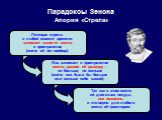 Парадоксы Зенона Апория «Стрела». Летящая стрела в любой момент времени занимает какое-то место в пространстве (иначе её нет вообще). Так как в этом месте ей двигаться некуда, она покоится, и это верно для любого места её траектории. Она занимает в пространстве место, равное её размеру – ни больше, 