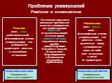 Проблема универсалий Реализм и номинализм. Номинализм (лат. nomen, имя) – философское учение, утверждающее, что реальны лишь единичные вещи, а универсалии сами по себе (вне мышления и речи) не существуют. Universalia sunt nomina. Универсалии – это имена (слова). Реализм (лат. realis, действительный)