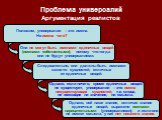 Положим, универсалии – это имена. Но имена чего? Они не могут быть именами единичных вещей (именами собственными), потому что тогда они не будут универсалиями. Проблема универсалий Аргументация реалистов. Однако, всё наше знание, включая знание единичных вещей, выражено именами нарицательными (униве