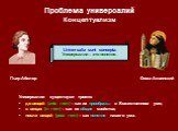 Проблема универсалий Концептуализм. Универсалии существуют трояко: до вещей (ante rem) – как их прообразы в Божественном уме; в вещах (in rem) – как их общие свойства; после вещей (post rem) – как понятия нашего ума.