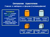 Онтология Аристотеля Учение о материи и форме (гилеморфизм). Бронза – материя, цилиндр – форма. Серебро – материя, цилиндр – форма. Бронза – материя, куб – форма. Серебро – материя, куб – форма. Гилеморфизм (греч. υλη, материя, μορφή, форма) – учение о форме и материи как основных принципах бытия (т