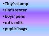 Tiny’s stamp Jim’s scoter boys’ pens cat’s milk pupils’ bags