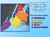The five boroughs: 1: Manhattan, 2: Brooklyn, 3: Queens, 4: Bronx, 5: Staten Island. New York City is comprised of five boroughs, an unusual form of government used to administer the five constituent counties that make up the city.