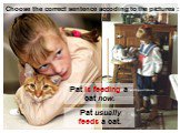 Pat is feeding a cat now. Pat usually feeds a cat. Choose the correct sentence accoding to the pictures :