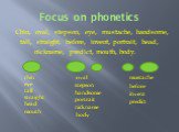 Focus on phonetics. Chin, oval, stepson, eye, mustache, handsome, tall, straight, before, invent, portrait, head, nickname, predict, mouth, body. chin eye tall straight head mouth oval stepson handsome portrait nickname body mustache before invent predict