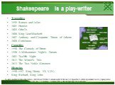 Shakespeare is a play-writer. Tragedies: 1595 Romeo and Juliet 1601 Hamlet 1604 Othello 1606 King Lear/Macbeth 1607 Anthony and Cleopatra/ Timon of Athens 1608 Coriolanus Comedies 1590 The Comedy of Errors 1596 A Midsummer Night’s Dream 1601 Twelfth Night 1611 The Winter’s Tale 1613 The Two Noble Ki