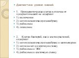 Диагностика уровня знаний. 1. Прокариотическая клетка в отличие от эукариотической не содержит 1) включения 2) цитоплазматическую мембрану 3) рибосомы 4) лизосомы 2. Клетки бактерий, как и клетки растений, содержат 1) цитоплазматическую мембрану и митохондрии 2) цитоскелет и клеточную стенку 3) рибо