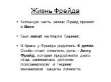 Жизнь Фрейда. Большую часть жизни Фрейд прожил в Вене Был женат на Марте Бернейс В браке у Фрейда родились 6 детей. Особо стоит отметить дочь – Анну Фрейд, которая продолжила дело отца, занималась детским психоанализом и теорией механизмов защиты личности.