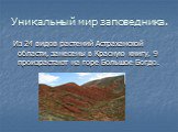 Уникальный мир заповедника. Из 24 видов растений Астраханской области, занесены в Красную книгу, 9 произрастают на горе Большое Богдо.