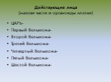 Действующие лица (назови части и органоиды клетки). ЦАРЬ- Первый Вельможа- Второй Вельможа- Третий Вельможа- Четвертый Вельможа- Пятый Вельможа- Шестой Вельможа-