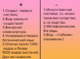 + -. 1.Создал первую систему. 2.Вид- реально существует 3.Бинарная номенклатура 4.Усовершенствовал ботанический язык 5.Описал около 1200 родов и более 8000 видов растений. Дал им названия. 1.Искусственная система, т.к. искал признаки сходства, а не родства. 2.Метафизические Взгляды 3.Вид – стабилен 