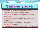 обобщить и систематизировать знания учащихся о разнообразии растений; дать представление о растении как живом организме; развивать умение выделять существенные признаки, устанавливать причины и следствия природных явлений; воспитывать бережное отношение к растениям.