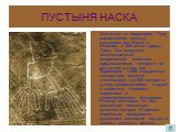 ПУСТЫНЯ НАСКА. Это плато на территории Перу расположено между долинами рек Наска и Инхенио, в 450 км от города Лима. Там находится величественный исторический памятник, предназначение которого не разгадано до сих пор. Территория в 500 квадратных километров покрыта гигантскими, до 300 метров в длину,