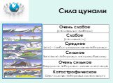 Очень слабое (специальные приборы). Слабое (специалисты). Среднее (все) – слабые разрушения на побережье. Сильное Затоплено побережье, катера выброшены. Очень сильное Разрушено побережье, здания, много жертв. Катастрофическое Опустошение побережья и много жертв
