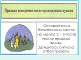 После цунами. Оставайтесь в безопасном месте не менее 2 – 3 часов после прихода волны. Дождитесь сигнала отбоя тревоги.