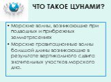 ЧТО ТАКОЕ ЦУНАМИ? Морские волны, возникающие при подводных и прибрежных землетрясениях Морские гравитационные волны большой длины возникающие в результате вертикального сдвига значительных участков морского дна.