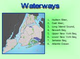 Hudson River, East River, Long Island Sound, Newark Bay, Upper New York Bay, Lower New York Bay, Jamaica Bay, Atlantic Ocean. Waterways