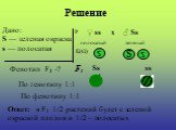 Дано: S — зеленая окраска s — полосатая. Фенотип F1 -? ♀ ss ♂ Ss полосатый зеленый S s Ss ss. Ответ: в F1 1/2 растений будет с зеленой окраской плодов и 1/2 – полосатых. Решение Г.(G) По генотипу 1:1 По фенотипу 1:1