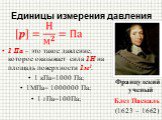Единицы измерения давления. 1 Па – это такое давление, которое оказывает сила 1Н на площадь поверхности 1м2. 1 кПа=1000 Па; 1МПа= 1000000 Па; 1 гПа=100Па; Французский ученый Блез Паскаль (1623 – 1662)