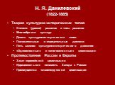 Теория культурно-исторических типов Степени (уровни) развития и типы развития Многообразие культур Десять культурно-исторических типов Положительные и отрицательные деятели Пять законов культурно-исторического движения «Одноосновные» и «многоосновные» цивилизации Противостояние России и Европы Закат