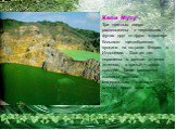 Кели Муту Три цветных озера расположены в нескольких футах друг от друга в кратере большого щитообразного вулкана на острове Флорес в Индонезии. Два из них окрашены в разные оттенки зеленого, а третье - черно-красное. Такие расцветки вызваны разным минеральным составом донных пород этих озер.