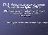 DNS - доменная система имен. Domain Name System (DNS) DNS преобразует цифровой IP-адрес хоста (компьютера) в набор символов. Домен - это некий логический уровень Интернета, то есть группа сетевых ресурсов, имеющая собственное имя и управляемая своей сетевой станцией.