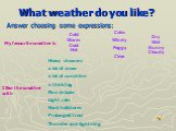 What weather do you like? My favourite weather is Calm Windy Foggy Clear I like the weather with. Heavy showers a lot of snow a lot of sunshine a thick fog Fine drizzle Light rain Hard hailstorm Prolonged frost Thunder and lightning. Answer choosing some expressions: Cold Warm Cool Hot Dry Wet Sunny