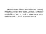 Архангельская область расположена в четырех природных зонах: арктических пустынь, тундровой, лесотундровой, таёжной. Покрытая лесом зона тайги составляет 20 млн. га. Запасы древесины в лесах оцениваются в 2,1 млрд. кубических метров.