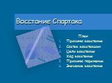 Восстание Спартака. План Причины восстания Состав восставших Цели восстания Ход восстания Причины поражения Значение восстания