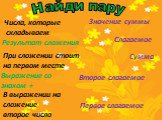 Найди пару. Числа, которые складываем. Результат сложения. При сложении стоит на первом месте. Выражение со знаком +. В выражении на сложение второе число. Значение суммы Слагаемое Сумма Второе слагаемое Первое слагаемое