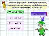 Задайте формулой линейную функцию, если известен её угловой коэффициент и точка пересечения с осью Оу: k = -2; A (0; 3)