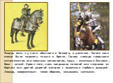 Рыцарь имел 2–3 коня: обычного и боевого, в доспехах. Такого коня можно было поразить только в брюхо. Голову лошади закрывали металлическим или кожаным наглавником, грудь – железными бляхами, бока – кожей. Кроме того, коня накрывали попоной или чепраком из бархата или другой дорогой материи с вышиты