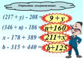 (217 + у) - 208 = (346 + п) - 186 = 9 + y b+125 х - 178 + 389 = b - 315 + 440 = 211+x n+160