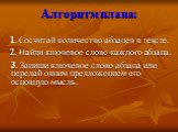 Алгоритм плана: 1. Сосчитай количество абзацев в тексте. 2. Найди ключевое слово каждого абзаца. 3. Запиши ключевое слово абзаца или передай одним предложением его основную мысль.