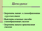 Цели урока: Закрепить знания о словообразовании в русском языке Выяснить основные способы словообразования глаголов Закрепить навыки правописания глаголов