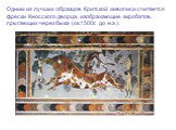 Одним из лучших образцов Критской живописи считается фрески Кносского дворца, изображающие акробатов, прыгающих через быка (ок.1500г. до н.э.).
