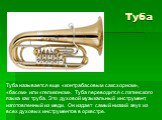 Туба. Туба называется еще «контрабасовым саксхорном», «басом» или «геликоном». Туба переводится с латинского языка как труба. Это духовой музыкальный инструмент, изготовленный из меди. Он издает самый низкий звук из всех духовых инструментов в оркестре.