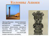 Колонны Ашоки. Древнейшими памятниками индийской культуры являются колонны, на которых высечены надписи Ашоки. Все колонны были изготовлены из камня. Знаменитая скульптура львов венчала колонну.