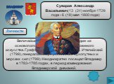 Суворов Александр Васильевич(13 (24) ноября 1729 года - 6 (18) мая 1800 года). Величайший русский полководец, один из основоположников отечественного военного искусства. Граф Рымникский (1789), князь Италийский (1799), генералиссимус российских сухопутных и морских сил (1799). Неоднократно посещал В
