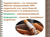 Горящая сигарета – это химическая фабрика, продуцирующая 4000 соединений, в их числе более 40 канцерогенов и 12 коканцерогенов. Канцероген – ракообразовывающий; Коканцероген – вещество, усиливающее воздействие.