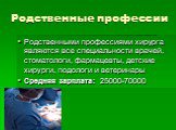 Родственные профессии. Родственными профессиями хирурга являются все специальности врачей, стоматологи, фармацевты, детские хирурги, подологи и ветеринары Средняя зарплата: 25000-70000