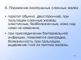 6. Поражение околоушных слюнных желез. паротит обычно двусторонний, при пальпации слюнные железы эластичные, безболезненные, кожа над ними не изменена; при присоединении бактериальной инфекции, появляется лихорадка, болезненность при пальпации, выделение гноя из протока железы.