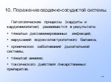 10. Поражение сердечно-сосудистой системы. Патологические процессы (кардиты и кардиомиопатии) развиваются в результате: тяжелых диссеминированных инфекций; нарушений водно-электролитного баланса; хронических заболеваний дыхательной системы; тяжелой анемии; токсического действия лекарственных препара