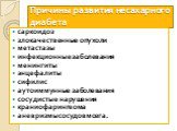Причины развития несахарного диабета. саркоидоз злокачественные опухоли метастазы инфекционные заболевания менингиты энцефалиты сифилис аутоиммунные заболевания сосудистые нарушения краниофарингеома аневризмы сосудов мозга.
