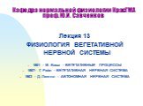 Кафедра нормальной физиологии КрасГМА проф. Ю.И. Савченков. Лекция 13 ФИЗИОЛОГИЯ ВЕГЕТАТИВНОЙ НЕРВНОЙ СИСТЕМЫ 1801 - М. Биша - ВЕГЕТАТИВНЫЕ ПРОЦЕССЫ 1807- Г. Рейл - ВЕГЕТАТИВНАЯ НЕРВНАЯ СИСТЕМА 1903 - Д. Ленгли – АВТОНОМНАЯ НЕРВНАЯ СИСТЕМА